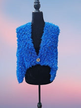 Load image into Gallery viewer, Crochet Blue and Gold Faux Fur Shawl, Crochet Cape
