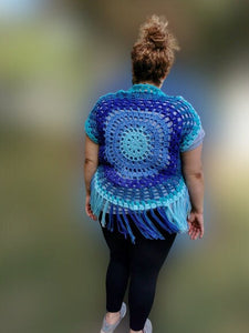 BLUE Mandela Circle Top, Crochet Vest, Crochet Cardigan