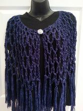 Load image into Gallery viewer, Blue Ribbon Cape, Crochet Shawl, Blue Ribbon Shawl with fringe
